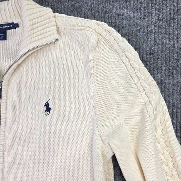 Ralph Lauren Sport Sweater Womens Large Cream Full Zip Cable Knit Cotton Logo - Picture 5 of 13